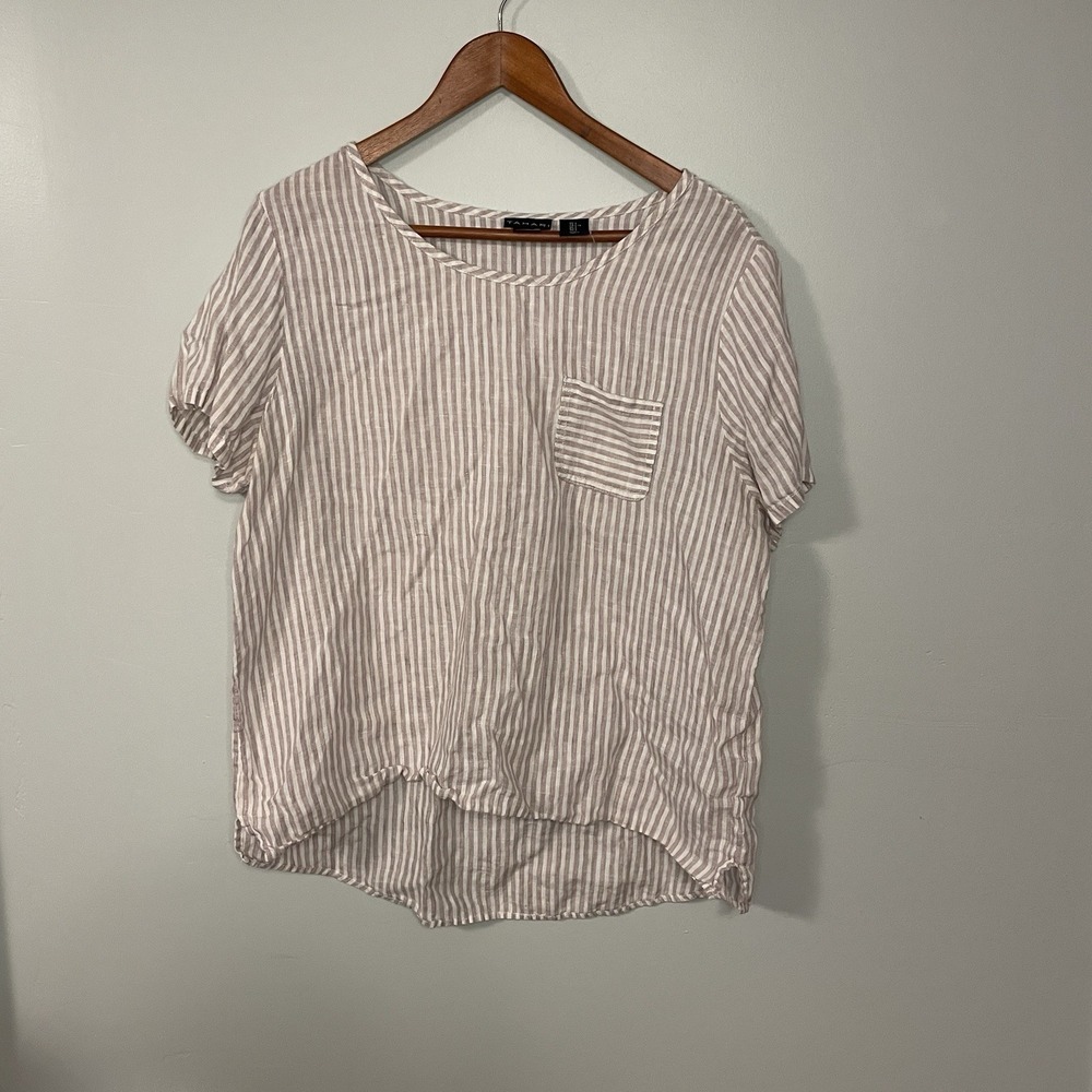 Tahari Linen Boxy Top Short Sleeve White Beige Stripe Large